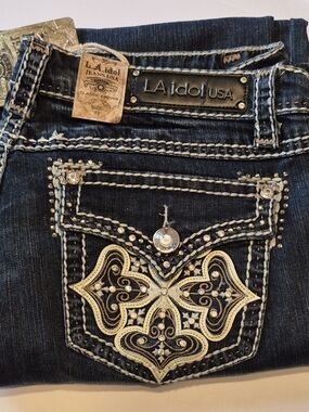 L.A.IdolUSA Women's Dark Blue Distressed Boot Cut Jeans with  Embroidered Pocket
